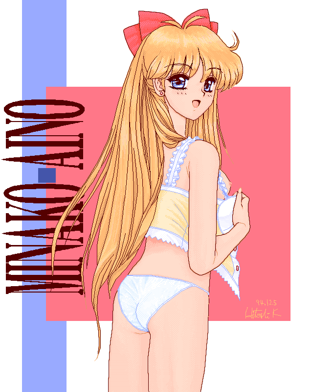 1990s 1994 1girls 20th_century ass bishoujo_senshi_sailor_moon blonde_hair blue_eyes female female_only hairbow human kino_hitoshi lingerie looking_back minako_aino panties rear_view signature solo tagme