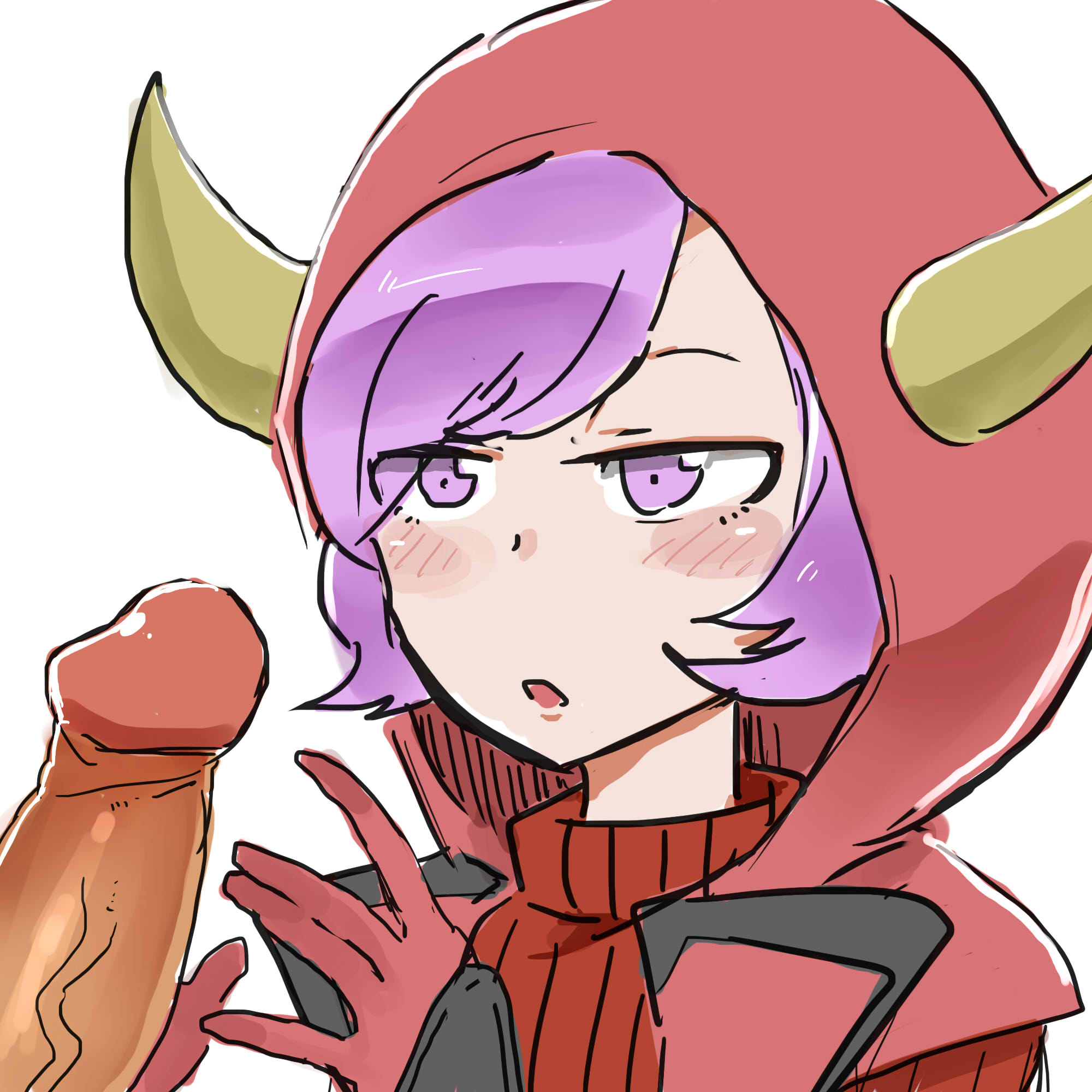 :o, 1boy, 1girls, blush, blushing, courtney (pokemon oras), courtney (pokemon), female, hood, horns, light-skinned female, male, nintendo, nishikun, penis, penis awe, pokemon, pokemon oras, purple eyes, short hair, short purple hair, team magma