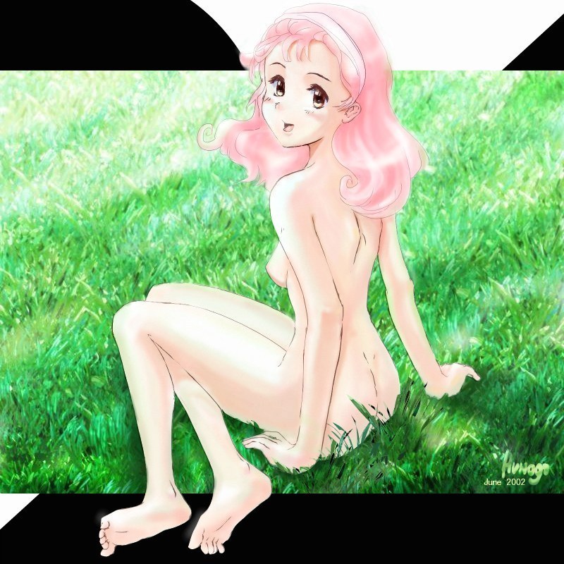 1girls 2002 ass barefoot blush breasts female grass hairband harvest_moon hunago nipples nude pink_eyes pink_hair popuri_(harvest_moon) sitting solo