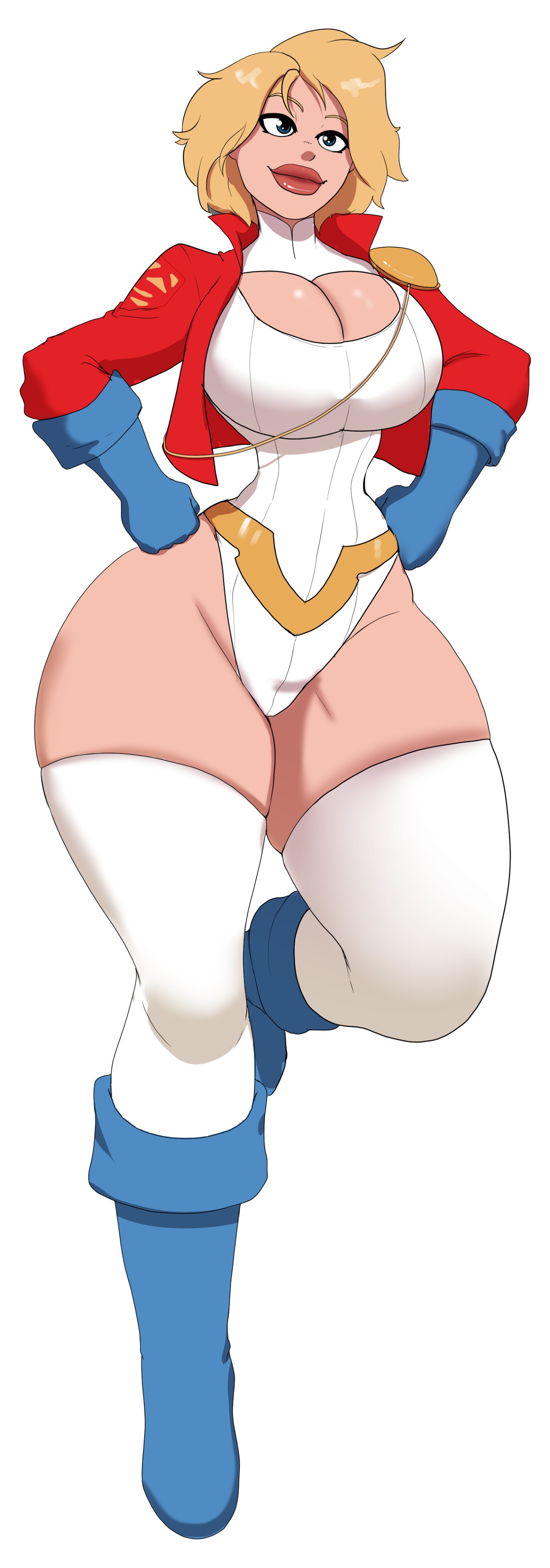 1girls, absurd res, big breasts, big lips, blonde hair, boots, breasts, cleavage cutout, commission, dc, dc comics, female, female only, gloves, hands on hips, jacket, leotard, n-ronin, power girl, red lips, smile, solo, superheroine, superman (series), thick thighs, thigh squish, thighhighs, white background, white thighhighs, wide hips