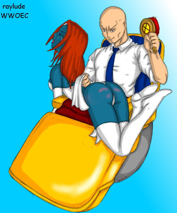 crying female male marvel mystique professor_xavier raylude spanking straight_hair tears x-men