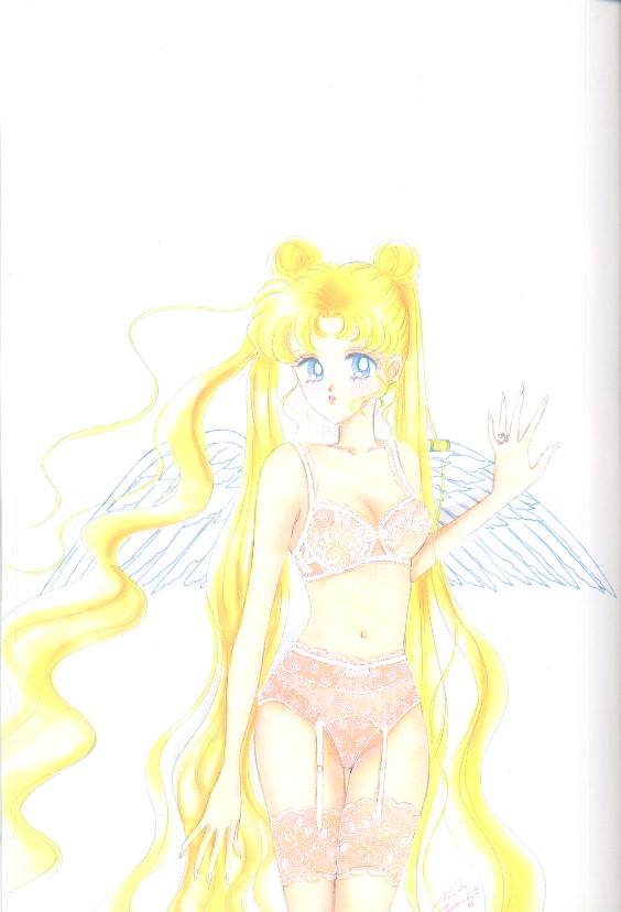 1990s 1997 20th_century angel bishoujo_senshi_sailor_moon blonde_hair blue_eyes bra double_bun garter_belt jewelry lace lace-trimmed_thighhighs legwear lingerie long_hair naoko_takeuchi official_art pale_color panties ring small_breasts solo stockings takeuchi_naoko thighhighs tied_hair twintails underwear usagi_tsukino wings