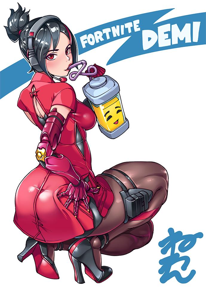 1girls, ass, black hair, breasts, china dress, cyborg, demi (fortnite), dress, female, fortnite, headset, heels, high heels, medium breasts, neone-x, pantyhose, red dress, red eyes, solo, tagme, thick thighs