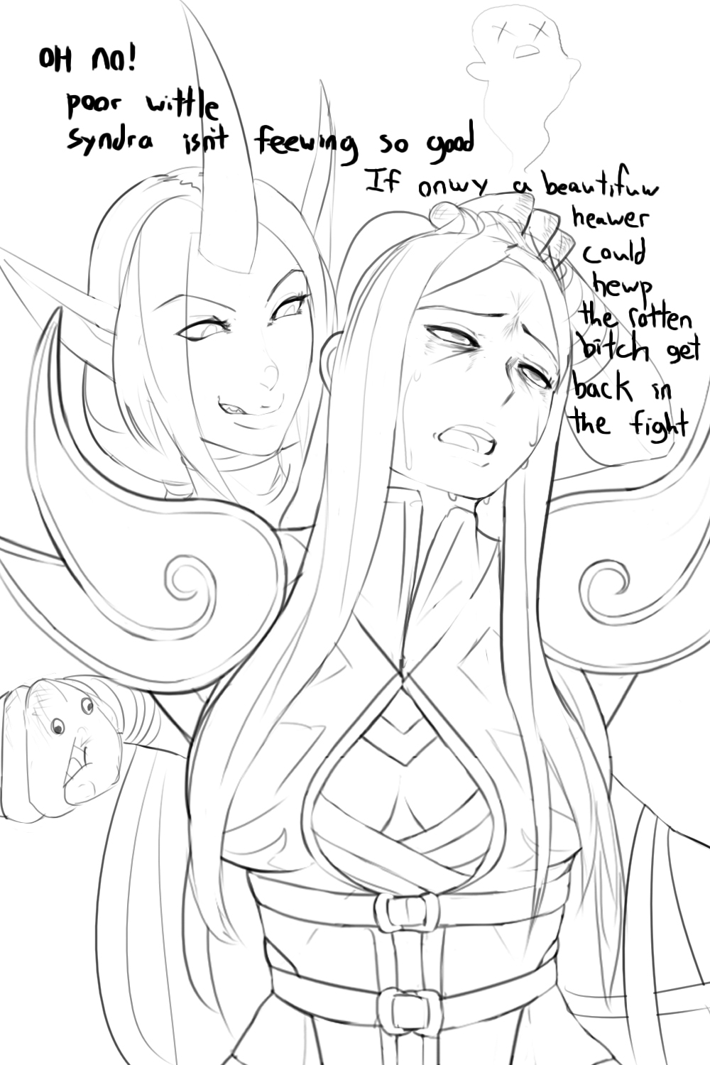 aka6, ballbusting, blank eyes, female, female on futa, futanari, hand on head, intersex, league of legends, monochrome, penis, smooth skin, soraka, syndra, tagme, tears