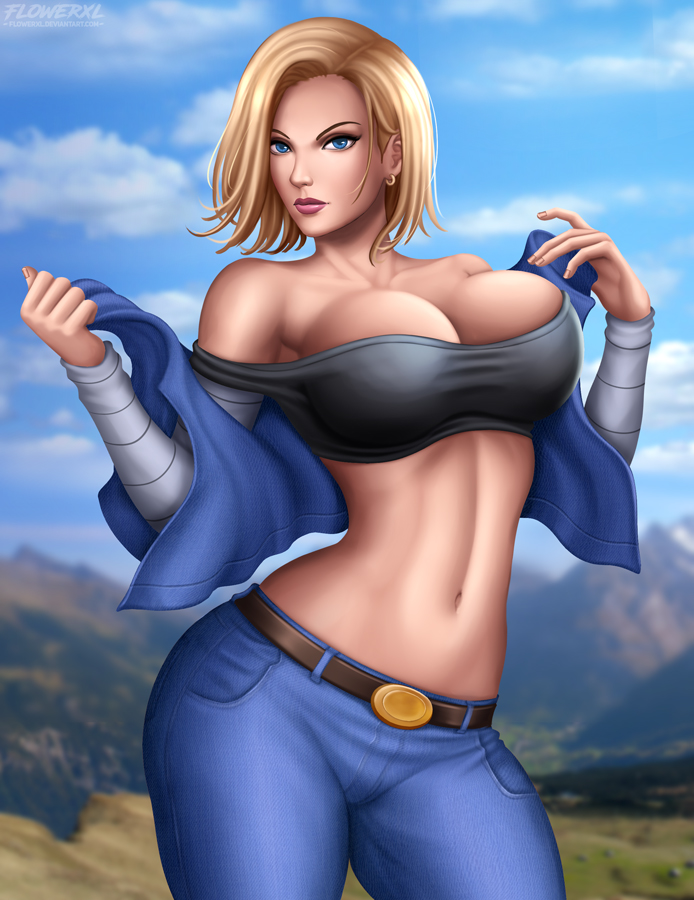 android 18, barely contained, barely contained breasts, barely fits, big breasts, blonde hair, blue eyes, breasts, cleavage, dragon ball, dragon ball z, female, female only, flowerxl, imminent wardrobe malfunction, large breasts, looking at viewer, realistic, solo