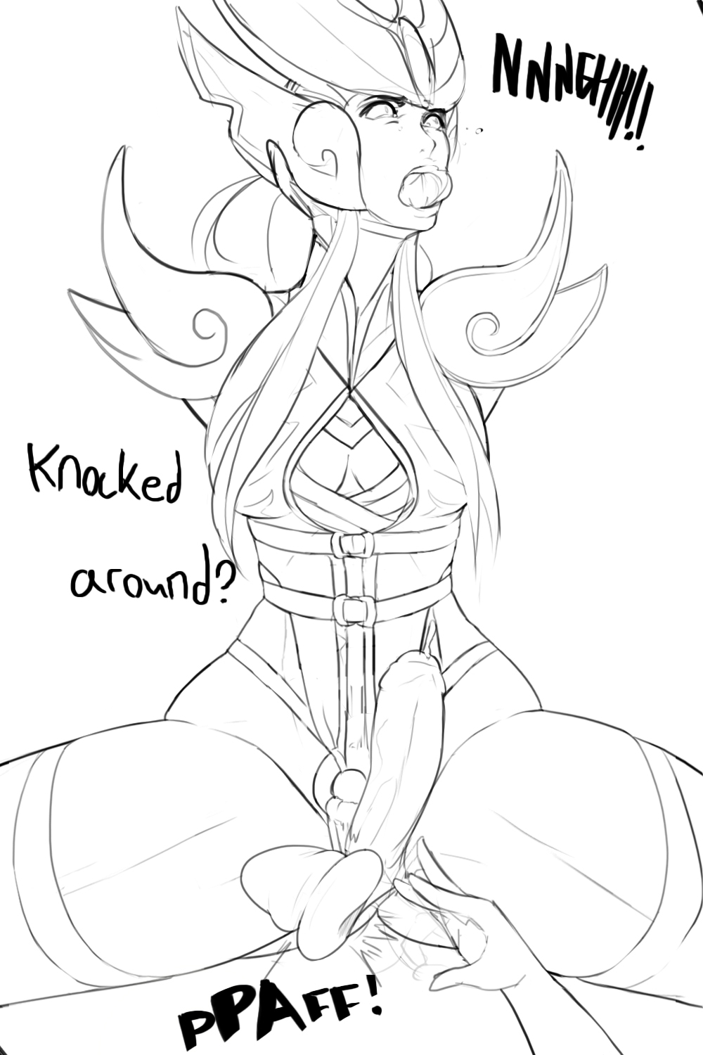 aka6, arms behind back, ballbusting, ballbusting orgasm, balls, cock and ball torture, cock and balls torture, female, female on futa, foreskin, futanari, futasub, gagged, intersex, league of legends, monochrome, pain, penis, smooth skin, soraka, syndra, tagme, torture, uncircumcised