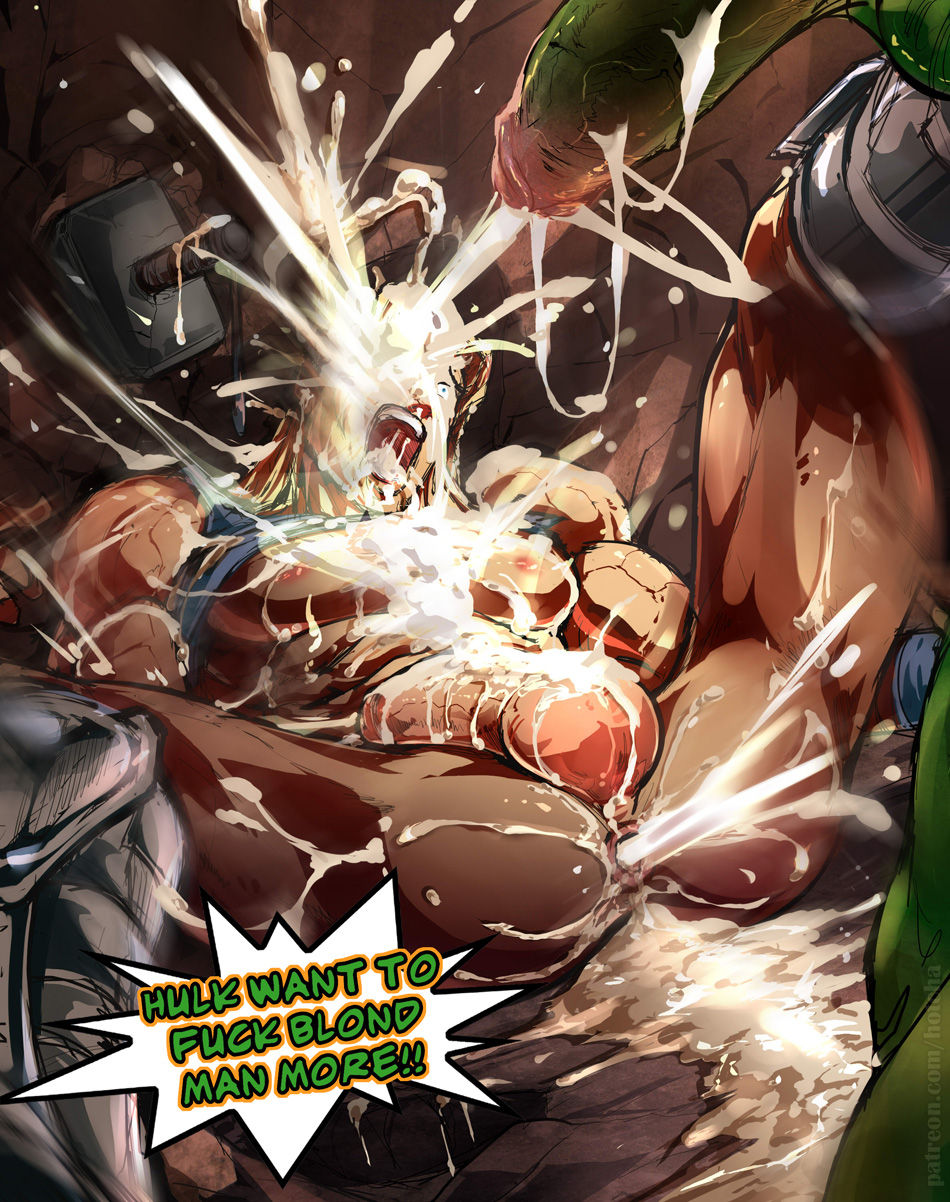 2boys, abs, anal, ass, avengers, balls, bara, big balls, big penis, cum on body, cumdrip, cumshot, ejaculation, gay, green skin, green-skinned male, hotcha, hulk, hulk (series), human, light skin, light-skinned male, male, male only, marvel, marvel comics, mjolnir, muscular, pecs, penis, pleasure face, sex, testicles, thor (marvel), thor (series), yaoi