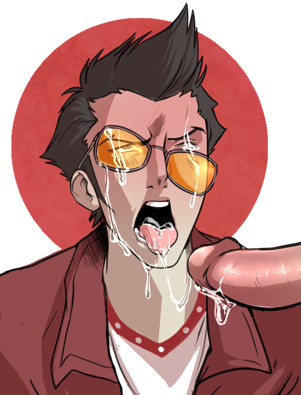 2boys blush booty_electric cum cum_in_mouth cum_inside cum_on_face cum_on_glasses erection facial gay glasses male male/male male_focus male_only multiple_boys no_more_heroes open_mouth penis solo_focus tagme tongue tongue_out travis_touchdown yaoi