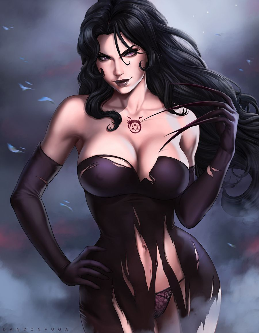 big breasts, black dress, black hair, black lipstick, breasts, cleavage, dandon fuga, dress, elbow gloves, female, female only, fullmetal alchemist, large breasts, long hair, long nails, lust (fullmetal alchemist), panties, pinup, purple eyes, solo, torn clothes