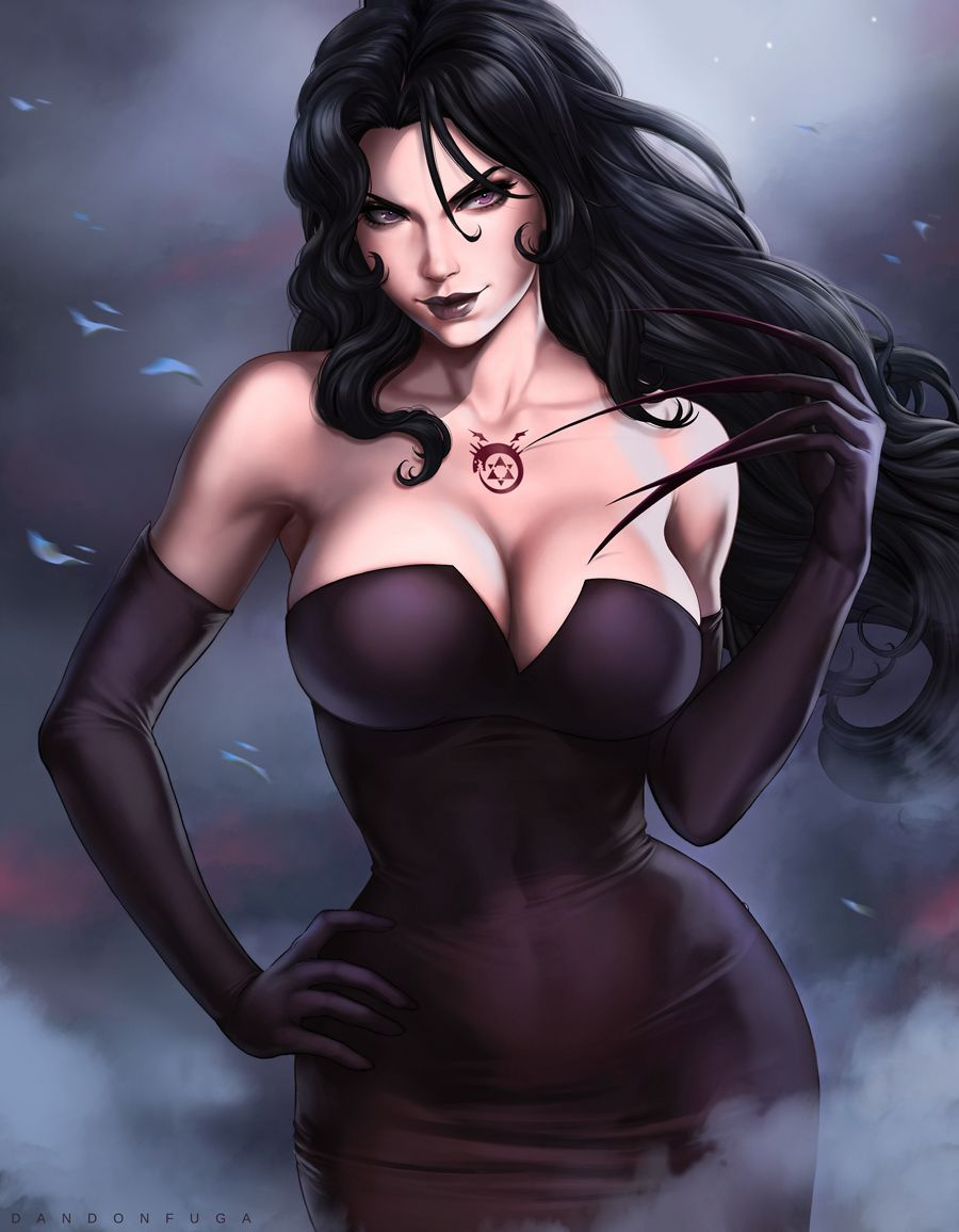 1girls, big breasts, black dress, black hair, black lipstick, breasts, cleavage, dandon fuga, dress, elbow gloves, female, female only, fullmetal alchemist, large breasts, lipstick, long hair, long nails, looking at viewer, lust (fullmetal alchemist), pinup, purple eyes, solo