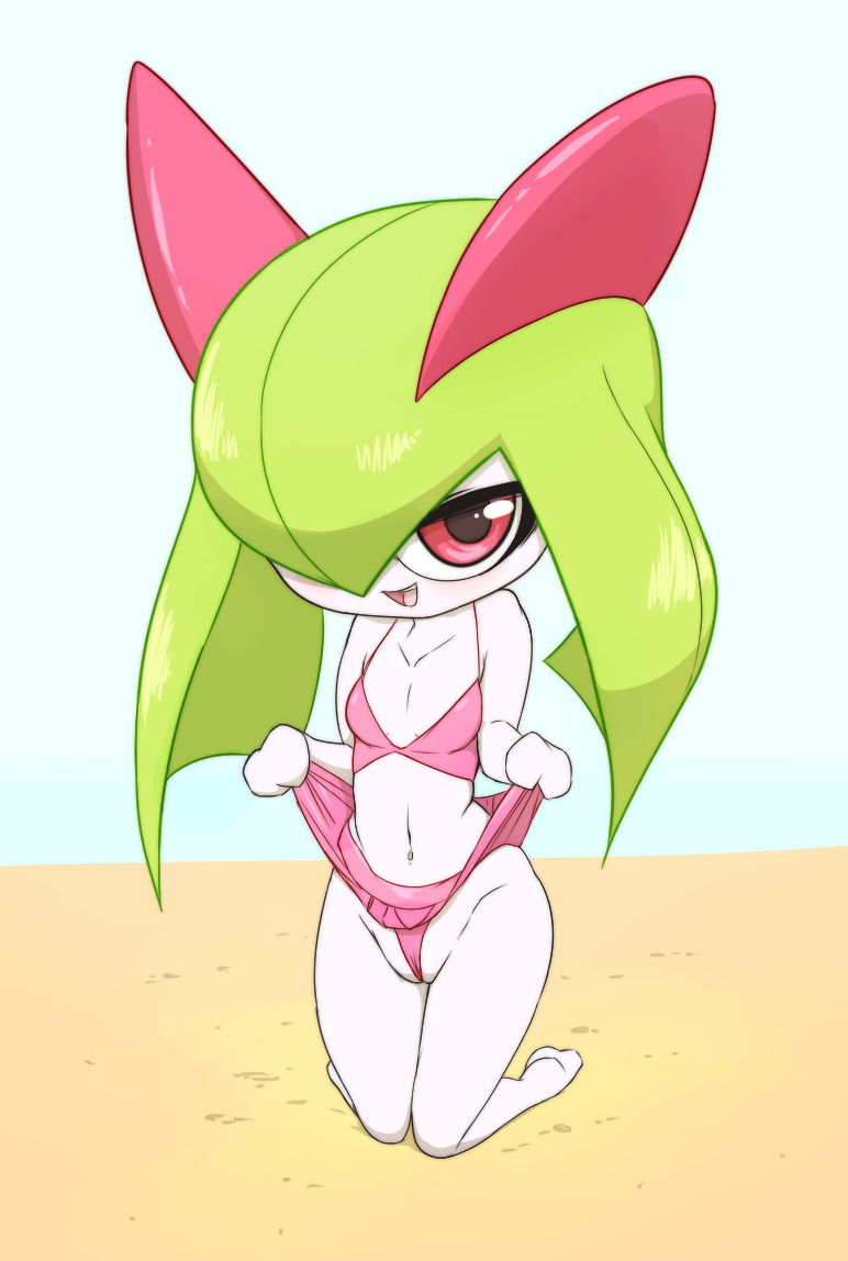 1girls, bikini, female, female only, flat chest, green hair, kirlia, looking at viewer, masterploxy, nintendo, non-human bra, on knees, open mouth, open smile, pink eyes, pokemon, pokemon (species), short, skirt lift, smile, solo, tagme, white skin