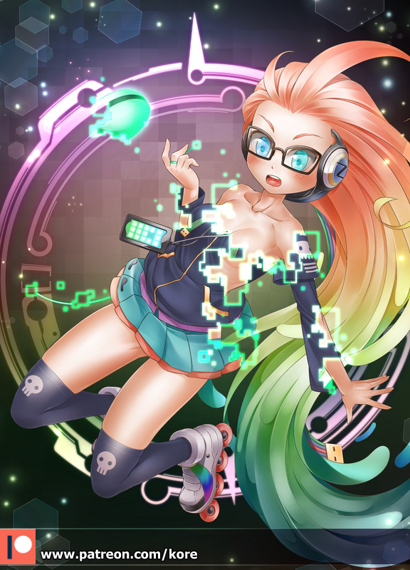 cyber_pop_zoe female female_only glasses headphones heterochromia kore league_of_legends long_hair multicolored_hair partially_clothed project_series riot_games roller_skates solo very_long_hair wardrobe_malfunction zoe_(league_of_legends)