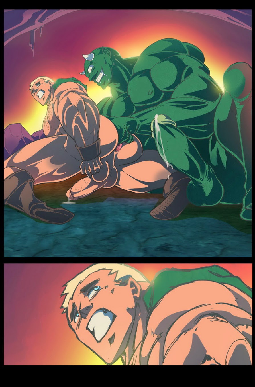 1 eye, 2boys, abs, anal fingering, anus, ass, balls, bara, big balls, big dom small sub, big penis, cave, comic, erection, fingering, gay, green skin, hotcha, huge cock, huge penis, humansub, imminent anal, imminent sex, male, monster, monster on male, muscles, muscular, muscular male, pecs, penis, size difference, testicles, text, the farmer's boy, trapped, warrior, yaoi