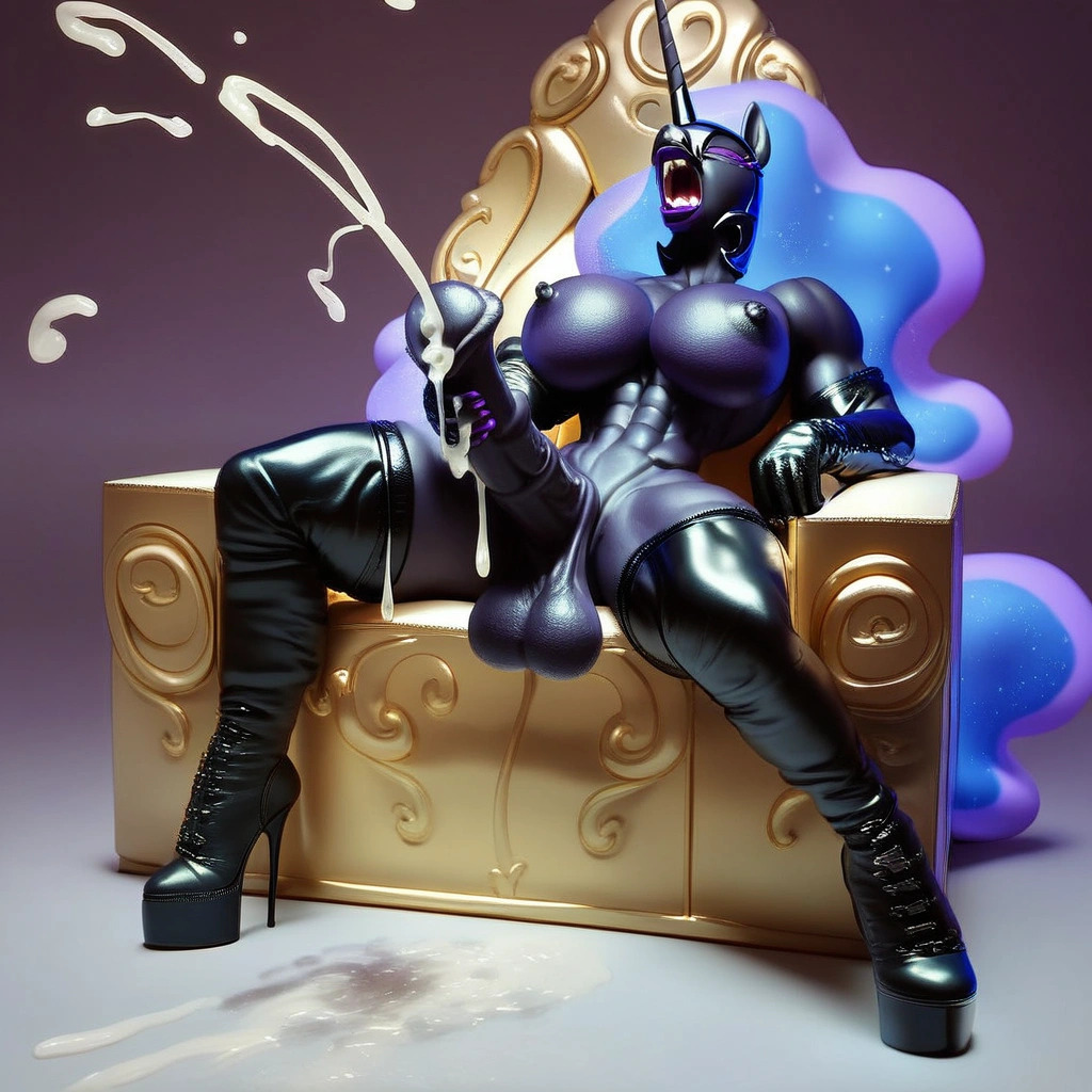 ai_generated balls cumming dark_persona friendship_is_magic futanari horsecock latex masturbation muscular my_little_pony nightmare_moon_(mlp) princess_luna_(mlp) throne