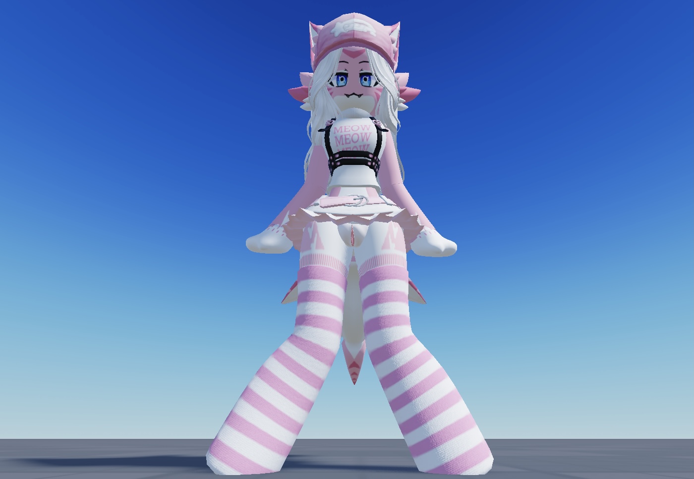 anthro, clothed, female, furry, hat, looking at viewer, looking down, pussy, roblox, robloxian, shark, shark tail, skirt, solo, standing, thighhighs, white hair