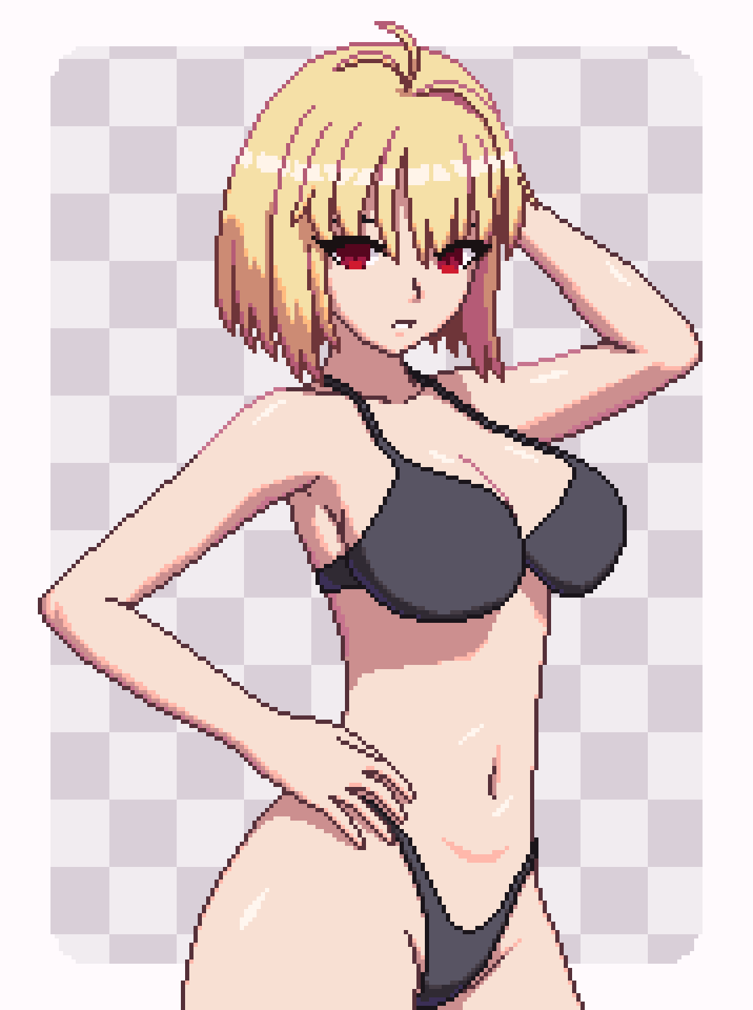 ahoge arcueid_brunestud big_breasts bikini black_bikini blonde_hair breasts color female full_body huge_breasts legs looking_at_viewer melty_blood navel pixel_art posing pussy_peek red_eyes resting seiko093 smile thick_thighs top_heavy tsukihime tummy type-moon vampire vampire_girl wide_hips