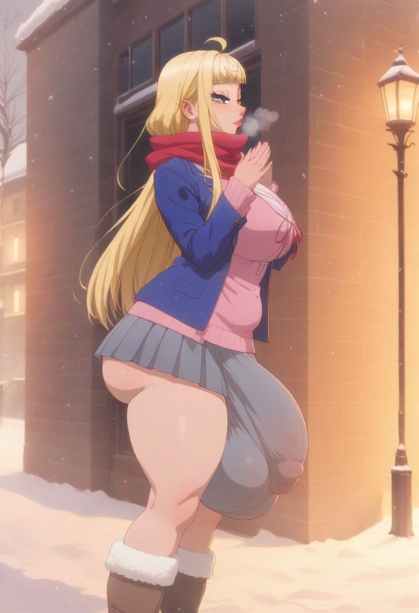 1futa ai_generated big_ass big_balls big_breasts big_penis clothed clothing dosanko_gal_wa_namara_menkoi flaccid futanari huge_balls huge_cock minami_fuyuki penis snowing standing zhenxiaohai