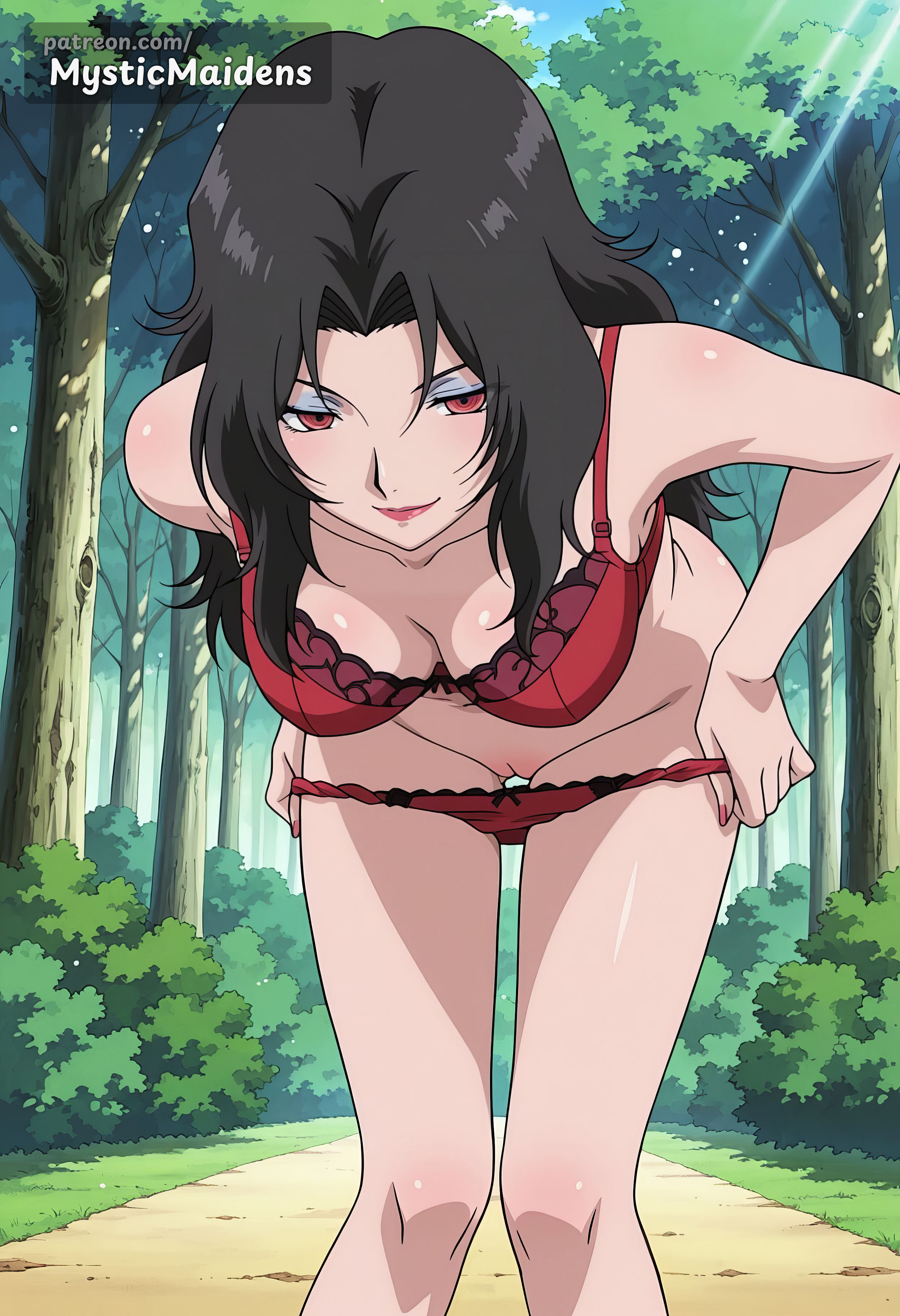 ai generated, anime, anime style, bent over, black hair, bra, breasts, cleavage, day, female, hentai, hi res, kurenai yuhi, leaning forward, lipstick, long hair, looking at viewer, makeup, medium breasts, mystic maidens, naruto, naruto (classic), naruto (series), naruto shippuden, outdoors, panties, panty pull, patreon, pulled by self, pussy, red bra, red eyes, red panties, smile, solo, tree, underwear, underwear only, undressing