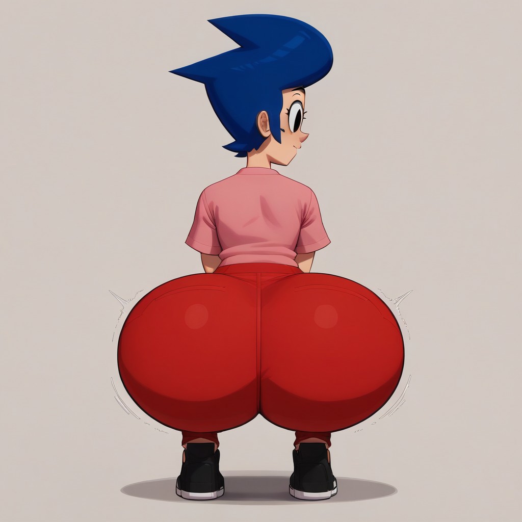 ai_generated ass ass_shake back_view big_ass big_butt black_eyes black_shoes blue_hair clothed darla_myers female female_only get_blake high_quality highres huge_ass milf pink_shirt red_pants solo squatting twerking untucked_shirt user_zhfj2523