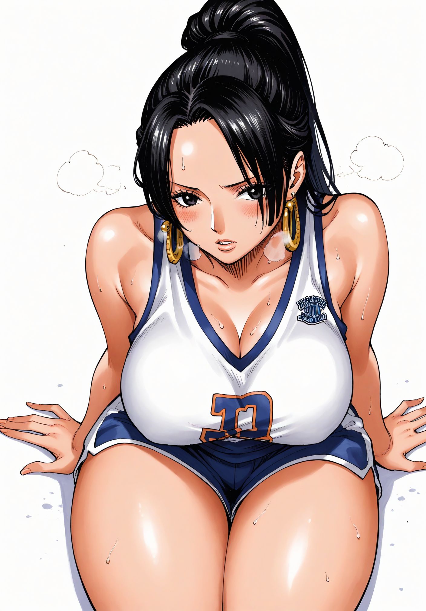 ai_generated alluring almost_naked almost_nude basketball basketball_(ball) basketball_shorts basketball_uniform big_breasts black_eyes black_hair blush boa_hancock earring earrings female female_only looking_at_viewer one_piece ponytail seducing seduction seductive seductive_body seductive_eyes seductive_gaze seductive_look seductive_mouth seductive_pose shiny_hair shiny_skin sitting sitting_on_floor snake_earrings steamy_breath sweat sweatdrop sweating sweaty sweaty_body thick_thighs voluptuous voluptuous_female yashin