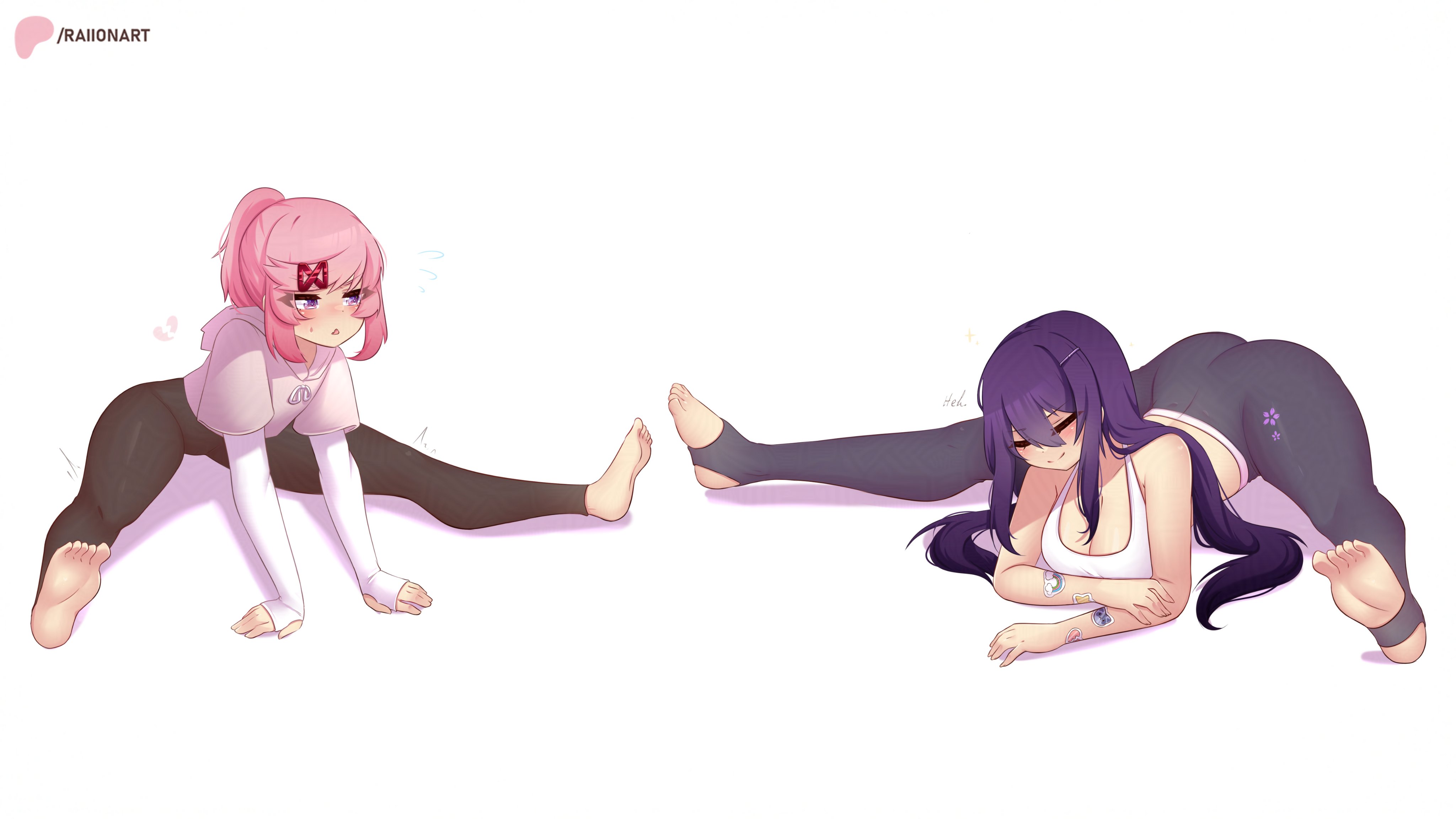 2girls, clothed, clothed female, doki doki literature club, exercise clothing, natsuki (doki doki literature club), raionart, split, splits, stirrup legwear, stretching, yuri (doki doki literature club)