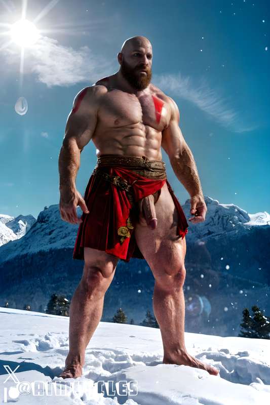 1boy ai_generated aimuscles bald bald_man bara barely_clothed barely_covered beard big_penis daddy dilf facial_hair god_of_war kratos large_penis looking_at_viewer male male_focus male_only mature_male muscles muscular muscular_arms muscular_ass muscular_back muscular_legs nature nature_background older_male outdoor_nudity outdoors partially_clothed_male partially_nude partially_undressed penis penis_sticking_out public public_exposure red_markings red_skirt scantily_clad snow snowy_background winter