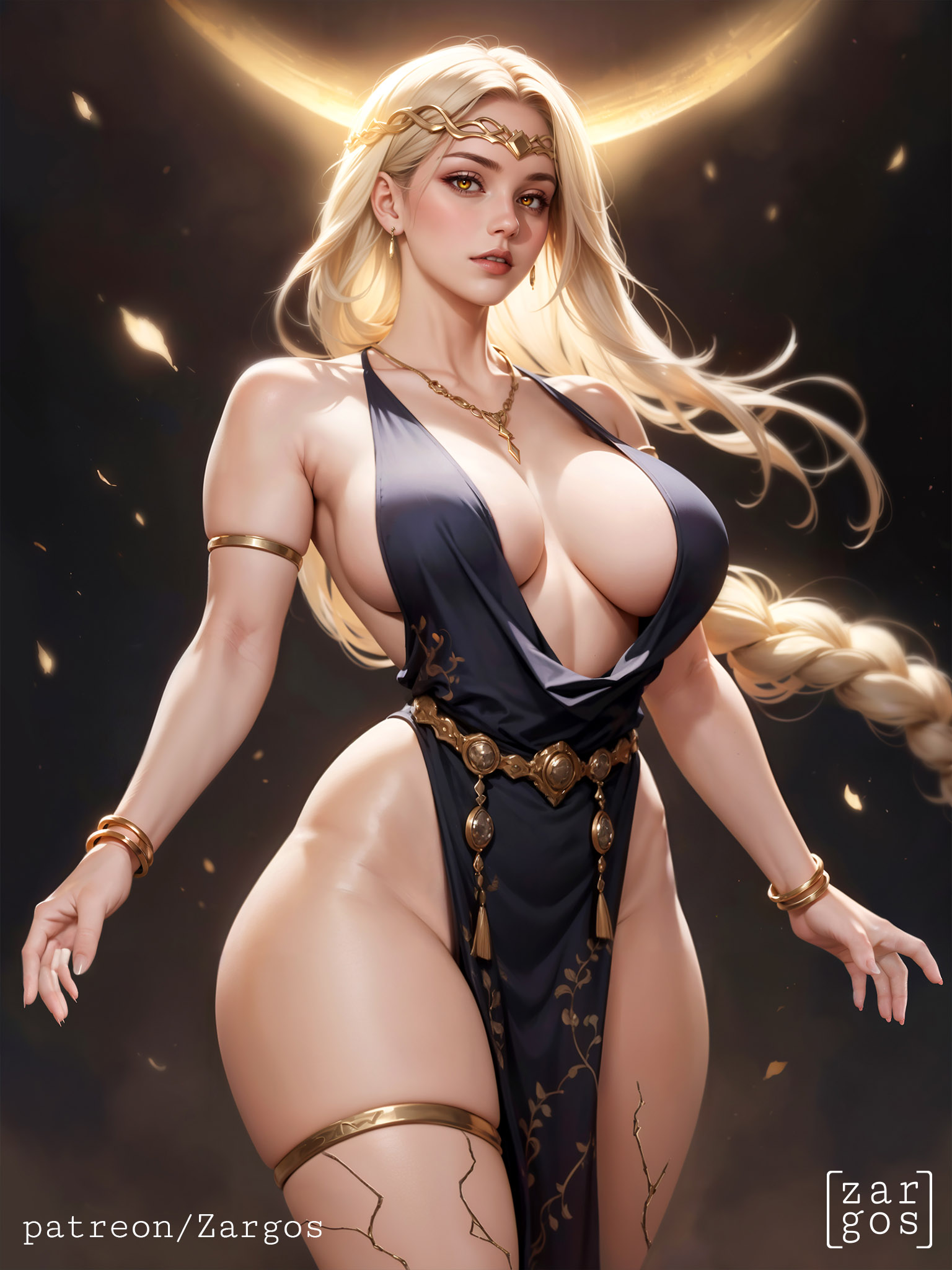 ai generated, big breasts, blonde hair, breasts, cleavage, elden ring, female, female focus, female only, long hair, nipple bulge, queen marika the eternal, stable diffusion, thick thighs, wide hips, yellow eyes, zargos