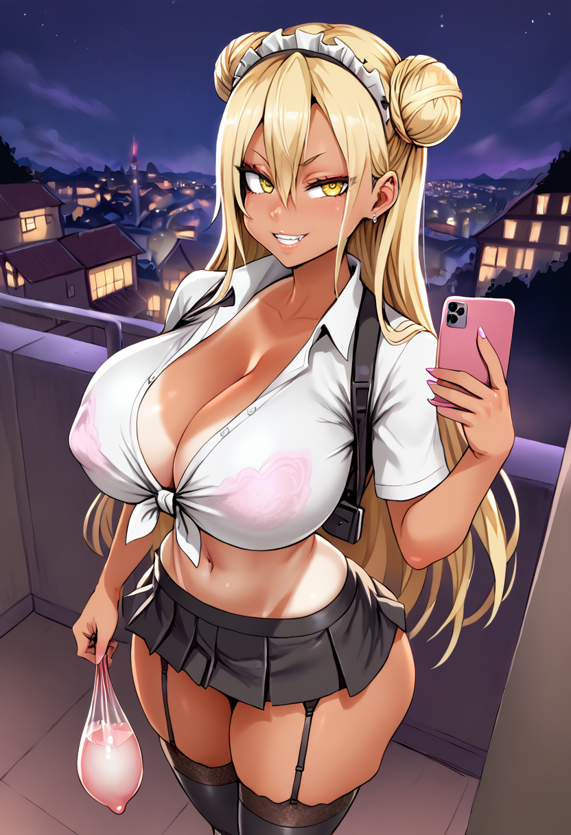 agent_(girls'_frontline) ai_generated alternate_hair_color asanagi_(style) bangs black_legwear black_skirt blonde_hair blush bra breasts cellphone cleavage collarbone dark-skinned_female dark_skin double_bun earrings eyebrows_visible_through_hair female filled_condom fingernails garter_straps girls'_frontline gyaru hair_between_eyes holding_condom holding_object holding_phone jewelry long_fingernails long_hair looking_at_viewer microskirt miniskirt nail_polish navel night open_mouth outdoors pink_bra pink_nails pleated_skirt see-through shirt short_sleeves sidelocks skirt sky smile solo tan tanline teeth thighhighs thighs tied_shirt tongue tongue_out underwear used_condom yellow_eyes