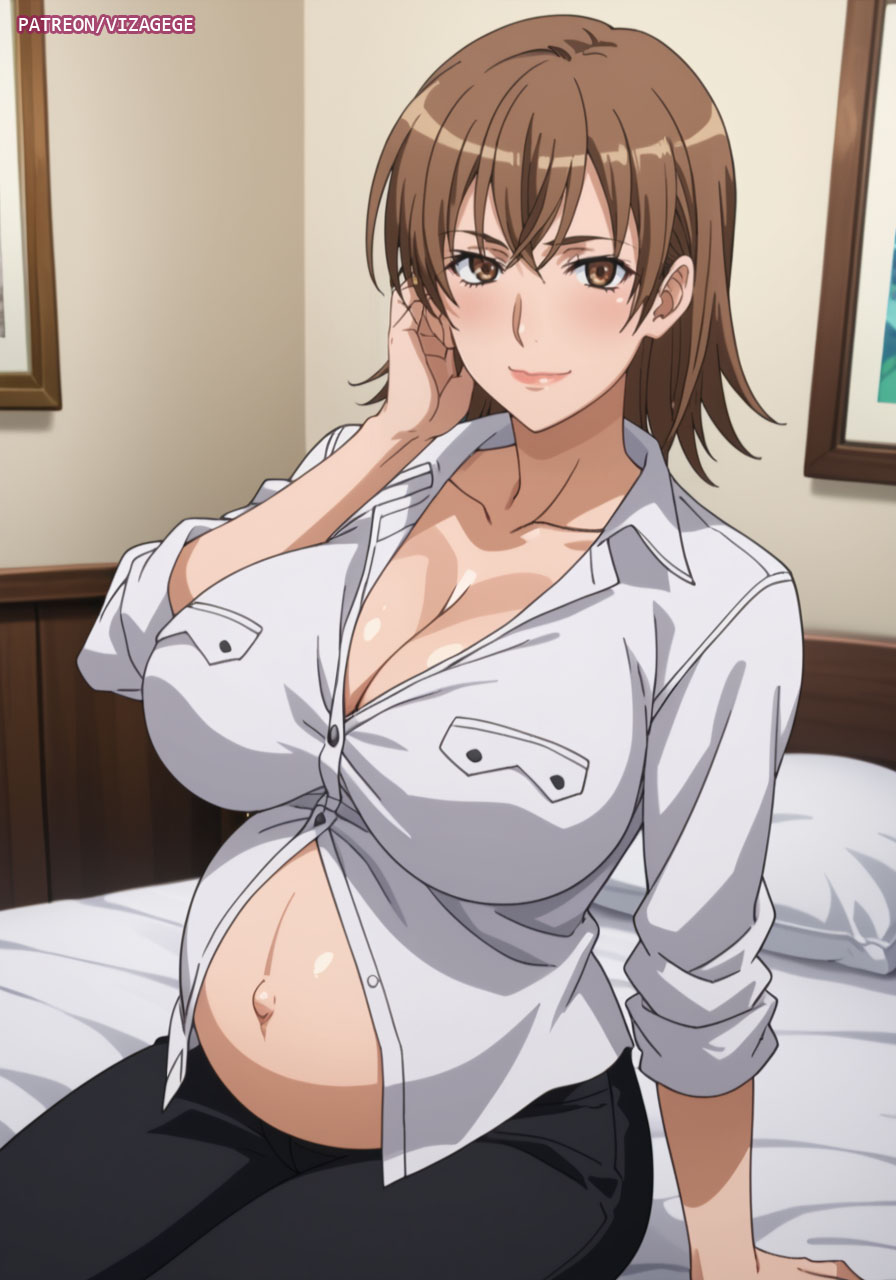 1girls ai_generated arched_back ass bed big_ass big_belly big_butt blush breasts brown_eyes brown_hair cleavage collarbone exposed_belly hand_on_face huge_breasts indoors large_breasts lips mature_female milf misaka_misuzu mother outie_navel pants pillow pockets pregnant room sexy_pose sheets shiny_skin short_hair sitting sitting_on_bed smile stable_diffusion t-shirt to_aru_majutsu_no_index vizagege