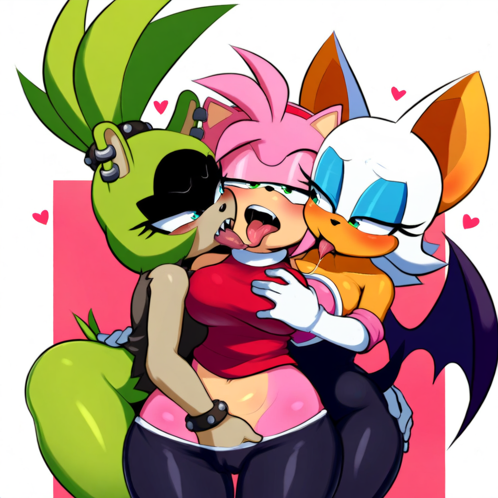 3girls ai_generated amy_rose anthro anthro_on_anthro bat bat_wings ear_piercing fangs female female_only fingering french_kissing green_hair groping hand_on_breast hand_on_butt hand_on_hip heart hedgehog kissing lesbian_sex mobian_(species) navel novelai piercing pink_hair ponytail rouge_the_bat sega self_upload sex shirt simple_background sonic_(series) sonic_the_hedgehog_(idw) sonic_the_hedgehog_(series) spandex surge_the_tenrec tail tenrec threesome tongue tongue_out trio white_hair yuri