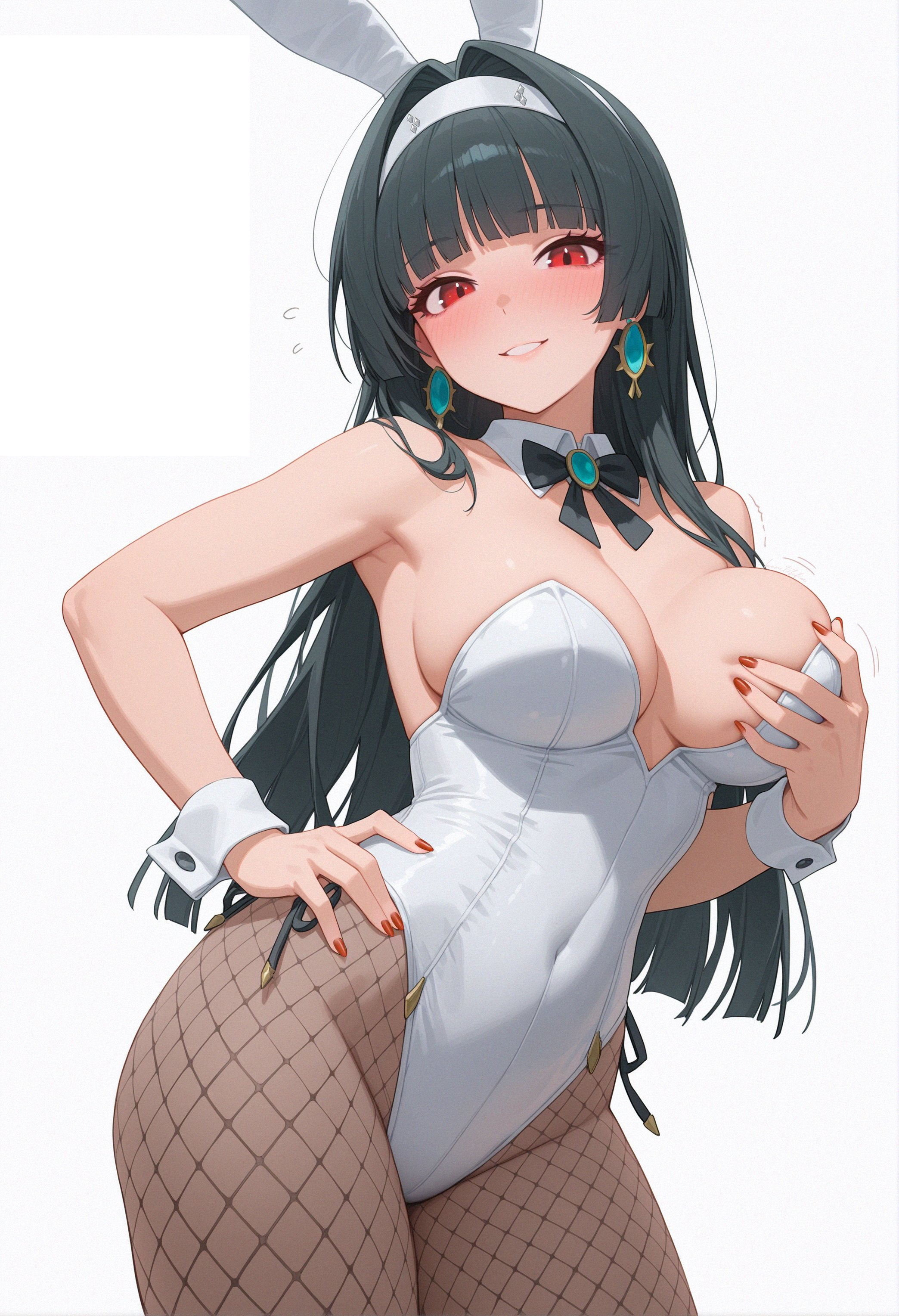 1girls, absurdres, ai generated, animal ears, armpits, astra yao, bangs, bare shoulders, black hair, blunt bangs, blush, bow, bowtie, breasts, brooch, brown pantyhose, contrapposto, covered navel, cowboy shot, detached collar, earrings, english text, fake animal ears, female, fingernails, fishnet pantyhose, fishnets, flying sweatdrops, gem, grabbing, grabbing own breast, grin, hair intakes, hairband, hand on own hip, heretikka, highleg, highleg leotard, highres, jewelry, large breasts, leotard, long hair, looking at viewer, meme, model request, nail polish, pantyhose, parted lips, playboy bunny, rabbit ears, red eyes, red nails, simple background, smile, solo, standing, strapless, strapless leotard, teeth, thighs, undressing challenge, white background, white hairband, white leotard, white wrist cuffs, wrist cuffs, zenless zone zero