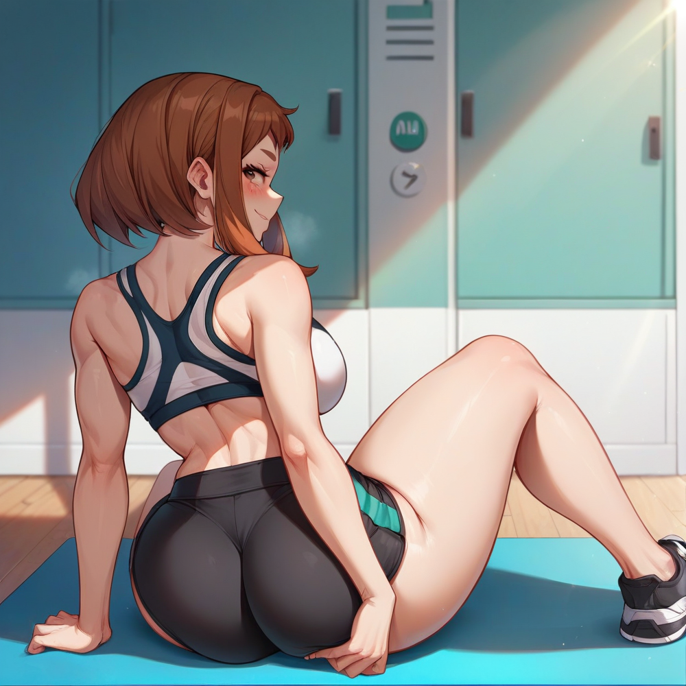 ai generated, ex ex, female, grabbing ass, gym, gym uniform, my hero academia, ochako uraraka, uraraka ochako