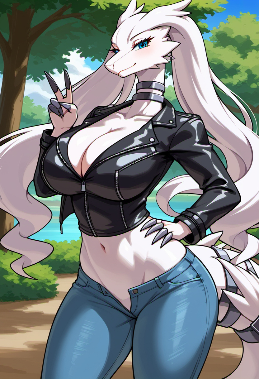 1girls abs ai_generated anthro big_breasts black_bottomwear black_clothes black_clothing black_topwear blue_eyes blush bottomwear breasts cleavage clothed clothing collarbone creatures_(company) dragon dragoness female female_only female_pokemon fluffy fluffy_tail fur furrification fusion_character game_freak generation_5_pokemon huge_breasts kemonogirls large_breasts leather_clothing leather_jacket leather_pants legendary_pokémon legendary_pokemon long_hair looking_at_viewer mature_female midriff milf nintendo pants pokemon pokemon_(species) reshiram shiny_clothes shiny_skin solo tail topwear white_body white_fur white_hair