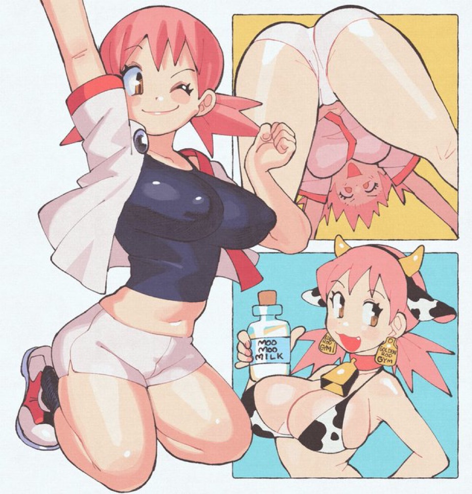 ass big_breasts bra breasts cow_girl cow_print inkuusan lactation low-angle_view milk on_knees pokemon shorts smile stretching surprised thick_thighs thighs whitney_(pokemon)