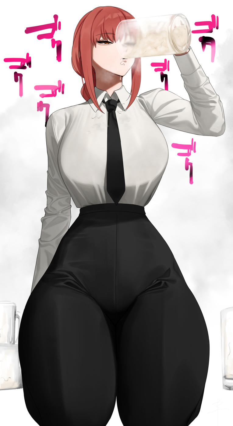 1girls beer_mug big_breasts chainsaw_man clothed clothing cum cum_in_container cum_in_glass drinking drinking_cum female female_focus female_only gokkun makima_(chainsaw_man) ponytail red_hair senju_(snz0) slim_waist solo stray_pubic_hair thick_thighs thigh_highs tie white_shirt yellow_eyes