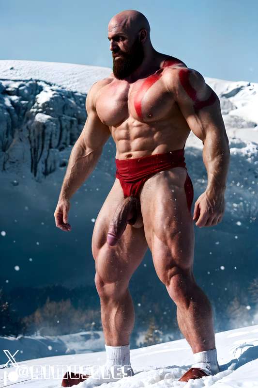 1boy ai_generated aimuscles bald bald_man bara barely_clothed barely_covered beard big_penis daddy dilf facial_hair god_of_war kratos large_penis loincloth looking_at_viewer male male_focus male_only mature_male muscles muscular muscular_arms muscular_ass muscular_back muscular_legs nature nature_background older_male outdoor_nudity outdoors partially_clothed_male partially_nude partially_undressed penis penis_sticking_out public_exposure red_markings red_skirt scantily_clad snow snowy_background winter