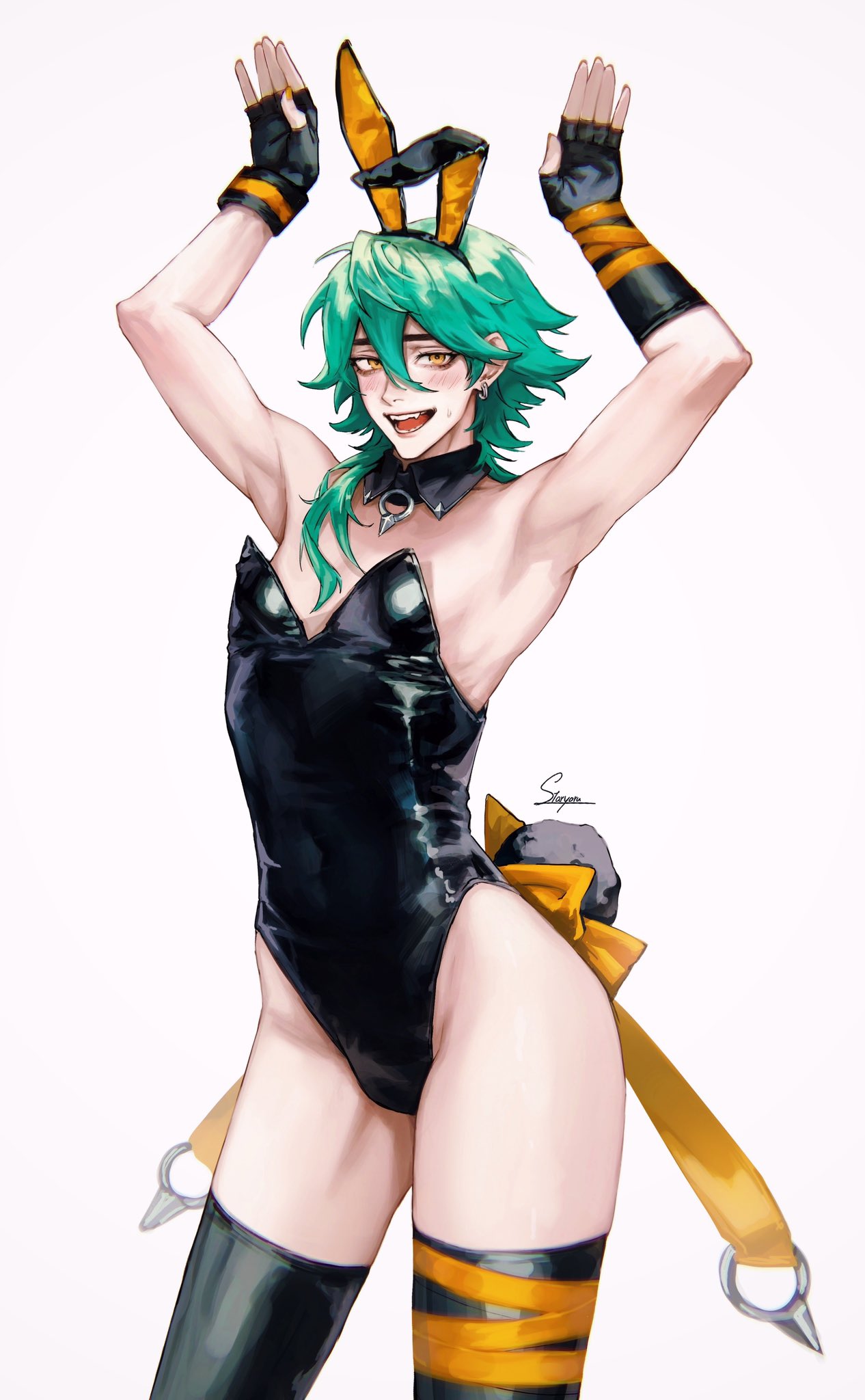 1boy, armpits, arms up, black bodysuit, blush, bodysuit, bunny ears, bunny tail, bunnysuit, earrings, ezreal, femboy, gloves, green hair, heartsteel ezreal, heartsteel series, hi res, highres, league of legends, looking at viewer, male, male focus, male only, skinny male, solo, solo male, white background, yellow eyes