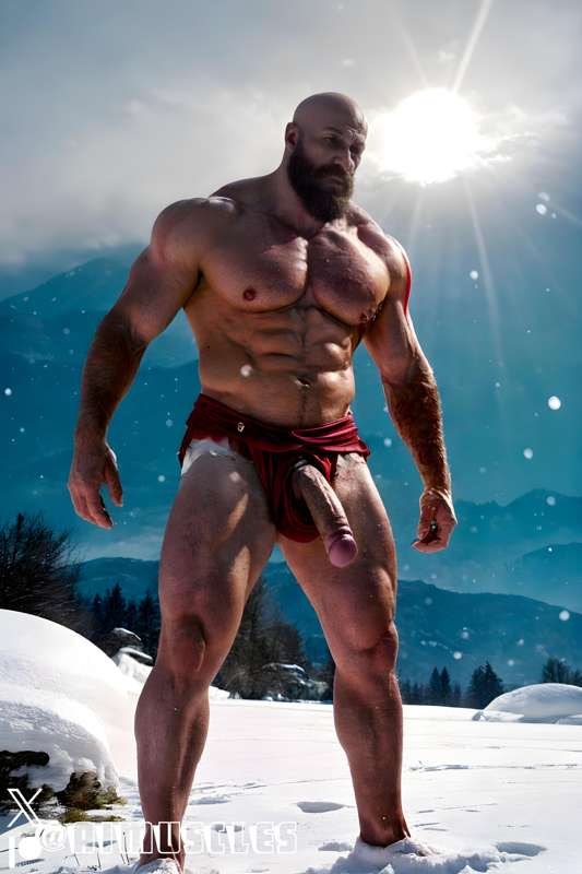 1boy ai_generated aimuscles bald bald_man bara barely_clothed barely_covered beard big_penis daddy dilf facial_hair god_of_war kratos large_penis looking_at_viewer male male_focus male_only mature_male muscles muscular muscular_arms muscular_ass muscular_back muscular_legs nature nature_background older_male outdoor_nudity outdoors partially_clothed_male partially_nude partially_undressed penis penis_sticking_out public public_exposure red_markings red_skirt scantily_clad snow snowy_background winter