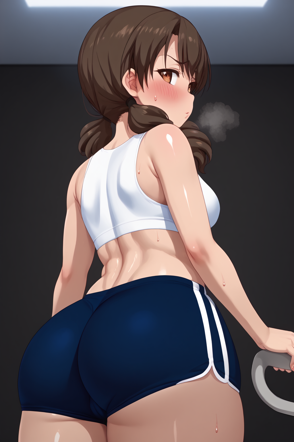 ai_generated ass ass_focus back_view blush doki_doki_little_ooya-san flat_chest gym gym_uniform heavy_breathing huge_ass looking_at_viewer miyuri_asou shiny_skin shorts sports_uniform sweat sweaty_body tight_ass tight_clothing younger_female