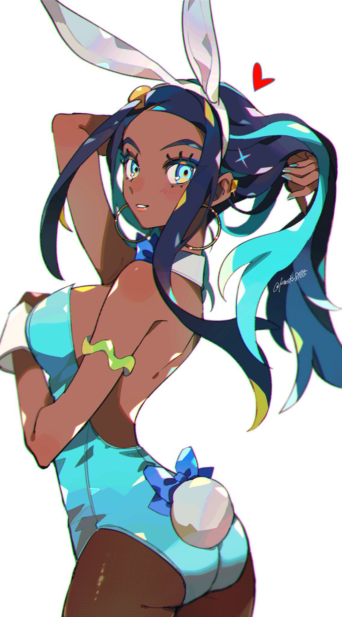 1girls animal_ears armlet ass blue_eyeshadow bow bowtie bunny_day dark-skinned_female dark_skin detached_collar earrings eyeshadow fake_animal_ears fake_tail female female_only highres hoop_earrings human jewelry kawasaki_(kwsk_8765) leotard lipstick makeup multicolored_hair nessa_(pokemon) pantyhose playboy_bunny pokemon pokemon_swsh rabbit_ears rabbit_tail simple_background solo strapless strapless_leotard tail two-tone_hair