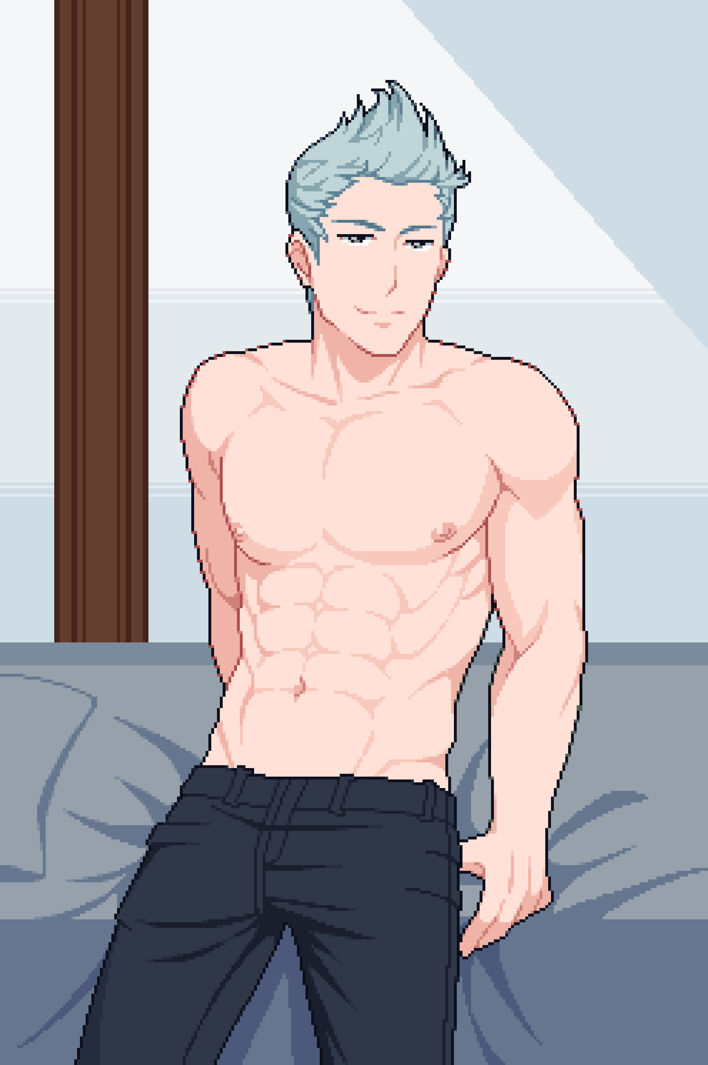 abs bedroom beefy black_pants catnipsmoker_(hakino) fire_emblem fire_emblem_fates grey_hair male_only muscular muscular_male pixel_art shirtless shirtless_male silas_(fire_emblem) solo_male