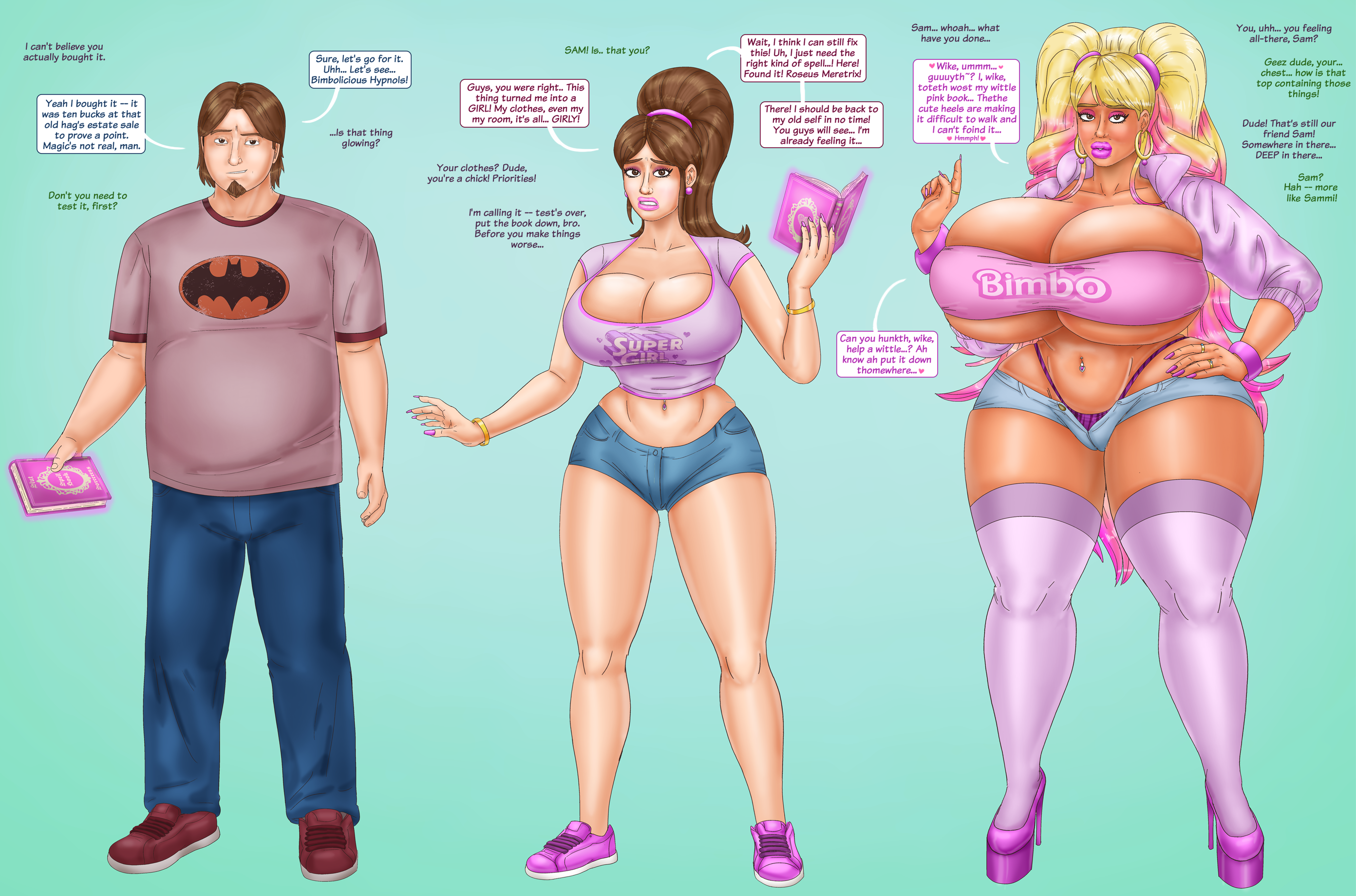 ass, ass expansion, bimbo, bimbo body, bimbo lips, bimbofication, bimbofied, breast expansion, breast growth, breast growth (enlargement), breasts, denim shorts, female, gender transformation, hair color change, hair growth, high heels, hourglass figure, huge ass, huge breasts, lip expansion, midriff, mtf transformation, navel, navel piercing, panties, platform heels, saturnxart, short shorts, thick lips, thick thighs, thigh expansion, thong, transformation, transformation sequence, wide hips