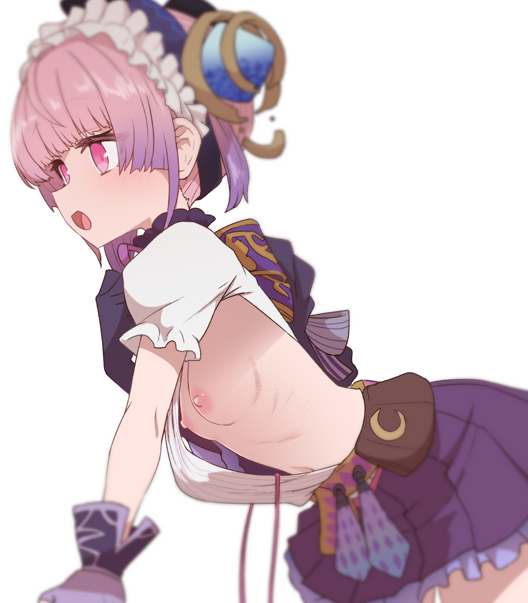 1female 1girls atelier_(series) atelier_lydie_&_suelle flat_chest gloves hair_ornament headdress light_skin loose_clothes lydie_malen nipples nipslip pink_eyes pink_hair purple_hair purple_skirt skirt small_breasts smile sumiyao_(amam) teenager wakipai