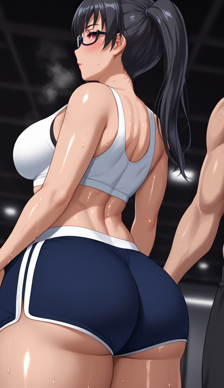 ai_generated ass ass_focus back_view blush breasts eroge!_h_mo_game_mo_kaihatsu_zanmai glasses gym gym_uniform heavy_breathing huge_ass kosaka_iori looking_at_viewer medium_breasts shiny_skin shorts sports_uniform sweat sweaty_body tight_ass tight_clothing