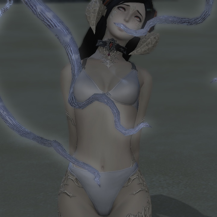arms_behind_back au_ra bound buried_in_sand eyes_rolling_back female ffxiv gpose(ffxiv) hentai jellyfish legs_together muffled original_character rape tentacle underwear