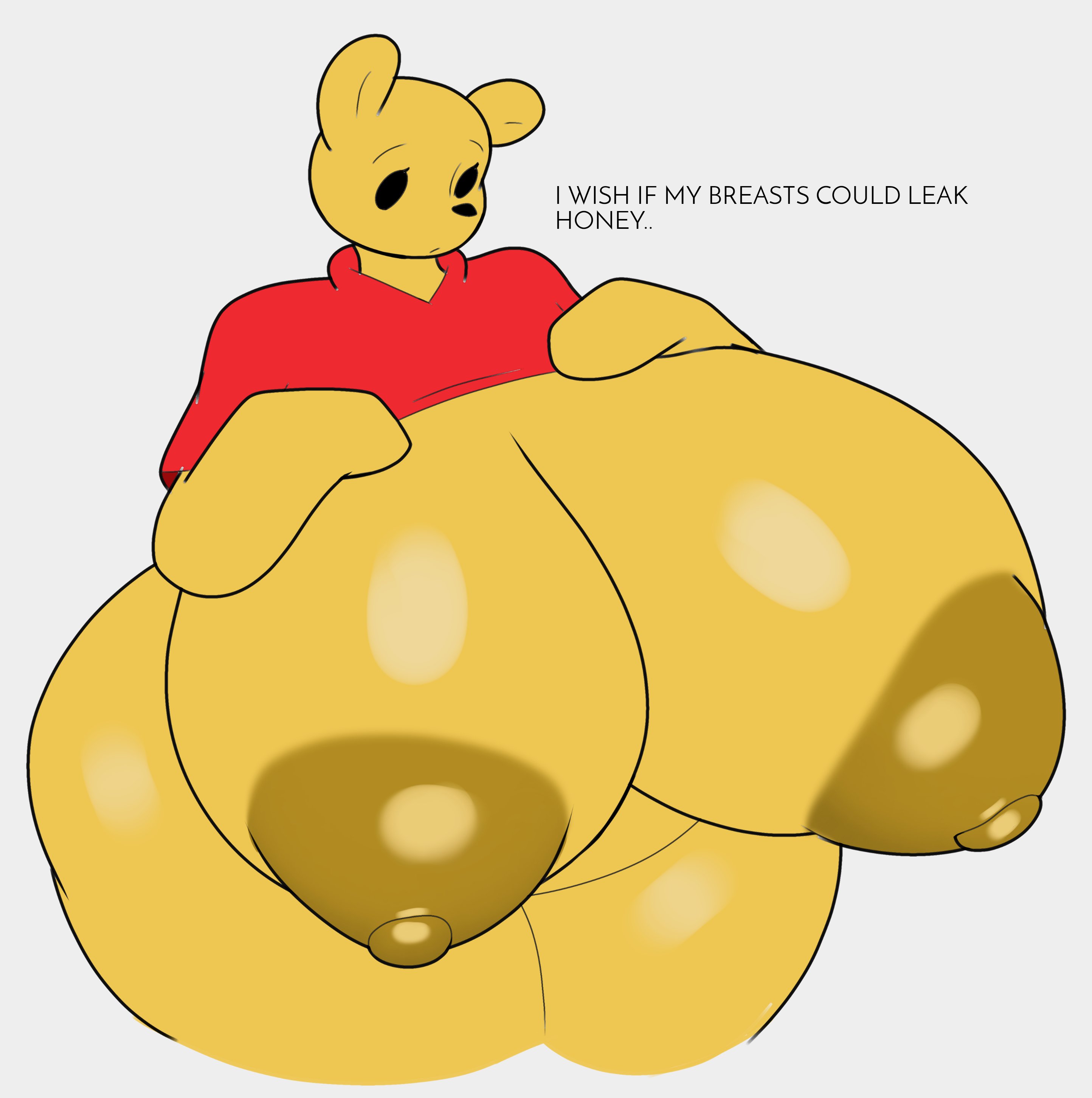 1girls, 2024, absurd res, anthro, areola, bear, belly, big areola, big belly, big breasts, big nipples, black eyes, black nose, bottomless, breasts, brown areola, brown nipples, clothed, clothing, colored, dialogue, digital media (artwork), disney, english text, eyelashes, fairy tales, female, genderswap, hand on breast, hand on own breast, hi res, huge areola, huge breasts, huge nipples, hyper, hyper breasts, literature, mammal, nipples, no pupils, overweight, overweight anthro, overweight female, pooh bear, public domain, red clothing, red shirt, red topwear, rule 63, shirt, shirt only, simple background, solo, text, tha randomu, thick thighs, topwear, topwear only, white background, winnie the pooh (franchise), yellow body, yellow ears