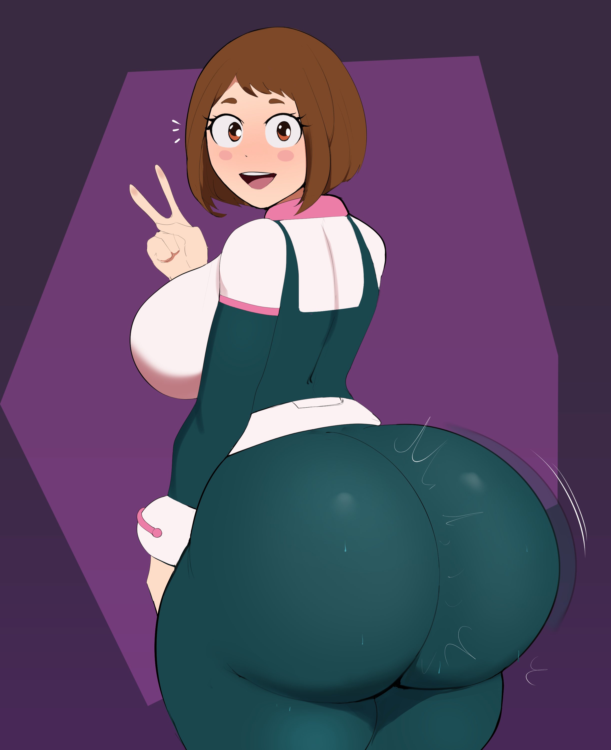 1girls, ass, ass clapping, back view, female, female only, g3mma, gigantic ass, hero outfit (mha), huge ass, human, looking at viewer, looking back, my hero academia, ochako uraraka, ochako uraraka (hero outfit), open mouth, solo, solo female