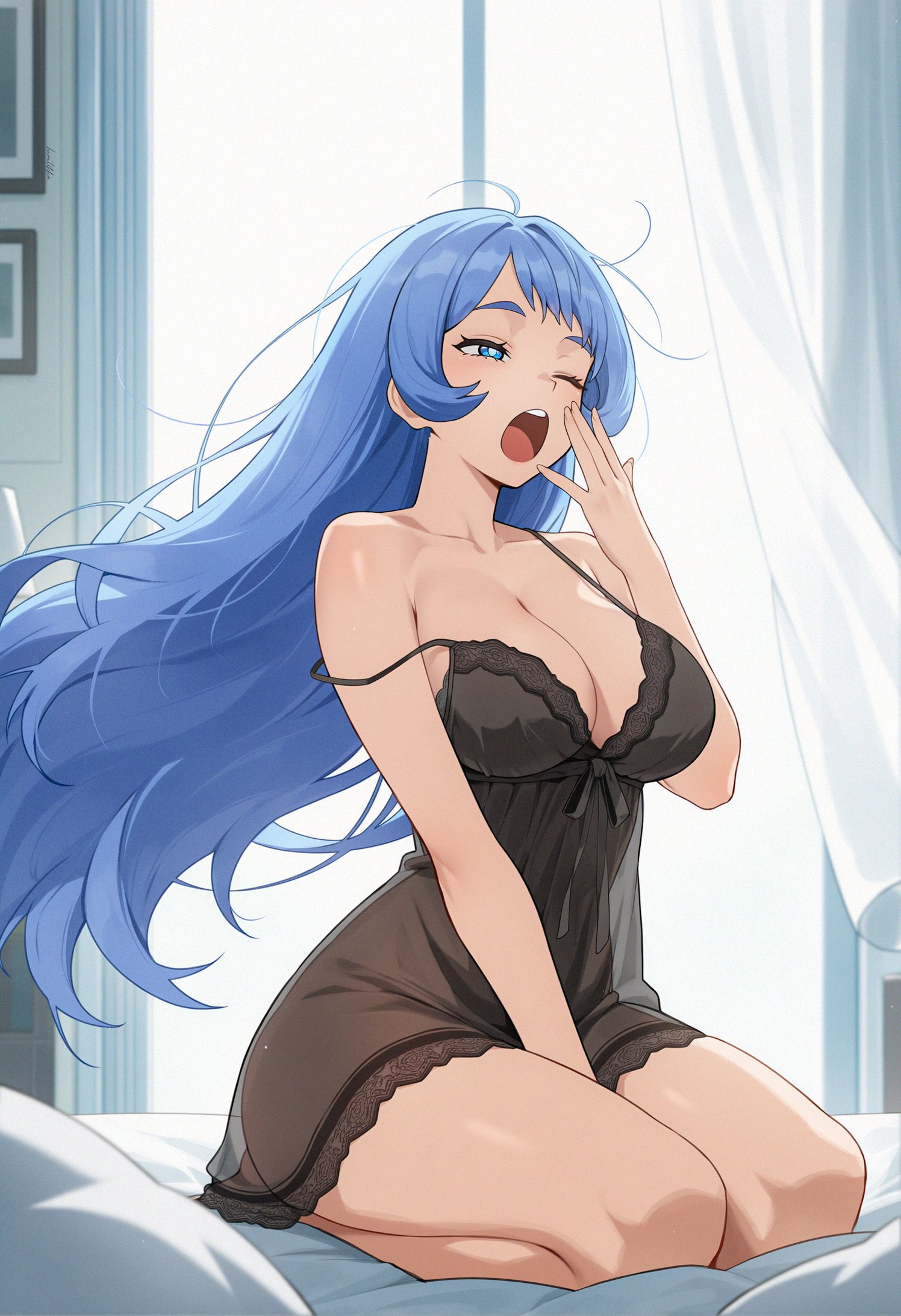 1girls, ahoge, ai generated, blue eyes, blue hair, blue-haired female, breasts, cleavage, curtains, female, heretikka, large breasts, long hair, my hero academia, nejire hado, nightgown, one eye closed, open mouth, sitting, sleepwear, sleepy, solo, strap slip, very long hair, waking up, window, yawning