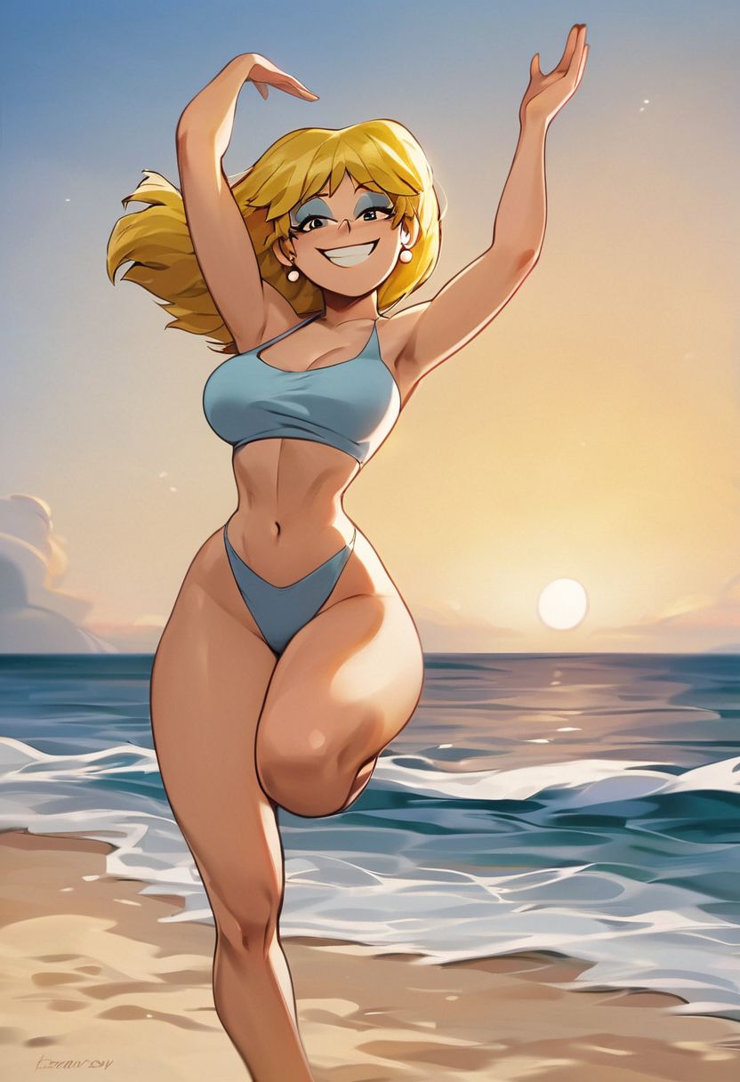 1girls ai_generated ass beach big_ass big_breasts bikini bikini_bottom bikini_top blonde_hair blue_bikini blue_bikini_bottom blue_bikini_top blue_eyes breasts clothed ero-sennin female female_only full_body large_ass large_breasts looking_at_viewer lori_loud navel short_hair sideass smile smiling smiling_at_viewer sunset teasing the_loud_house thighs wide_hips