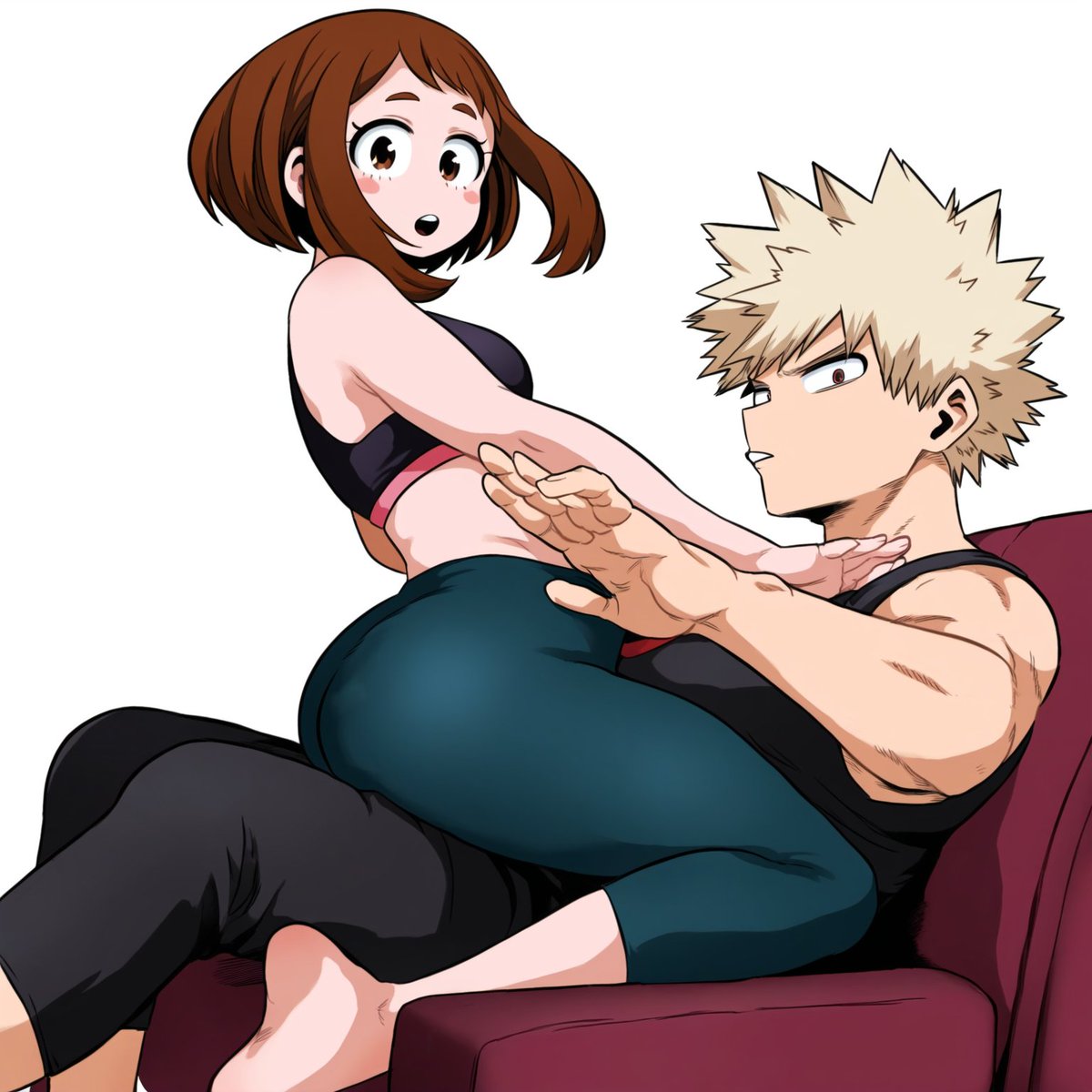 1boy 1girls ai_generated ass ass big_ass big_breasts big_butt blonde_hair blonde_hair blonde_male breasts brown_eyes brown_hair bubble_ass bubble_butt clothed clothed_female clothing curvy curvy_body curvy_female curvy_figure huge_ass huge_breasts huge_butt katsuki_bakugou light-skinned_female light-skinned_male muscular muscular_male my_hero_academia no_sex ochako_uraraka red_eyes